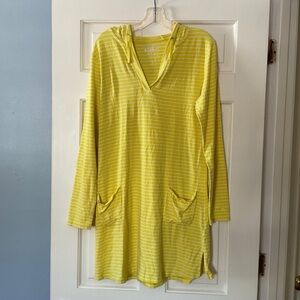 Coolibar UPF 50+ Catalina Beach Cover-Up Dress Yellow Stripe Hooded Size M